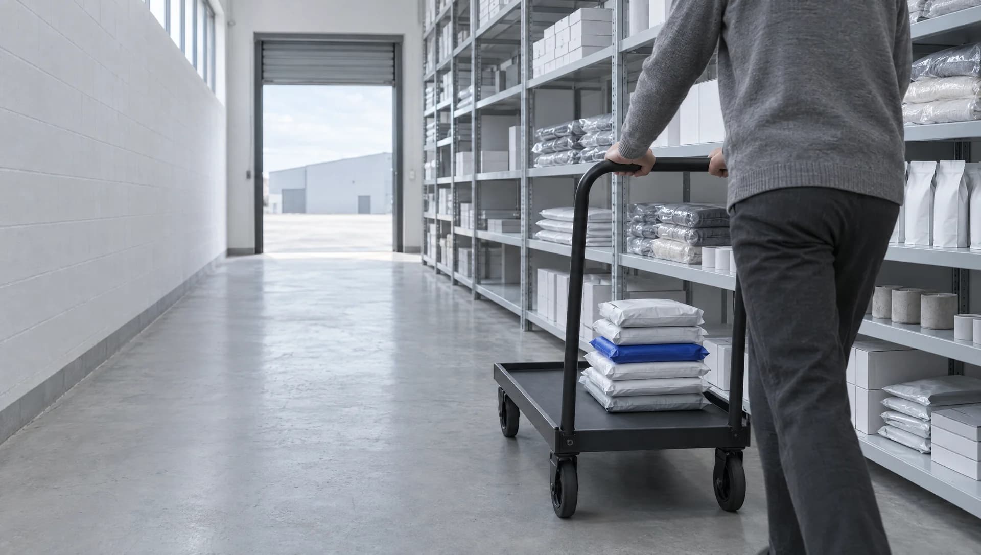A stockroom aisle leading to an open roller door and daylight. A person in a gray sweater, seen from behind with the head out of frame, pushes a black platform cart stacked with white mailer bags, one of them blue. Gray shelving on the right holds plain boxes, pouches, folded knitwear and candles, with gaps where stock has sold.